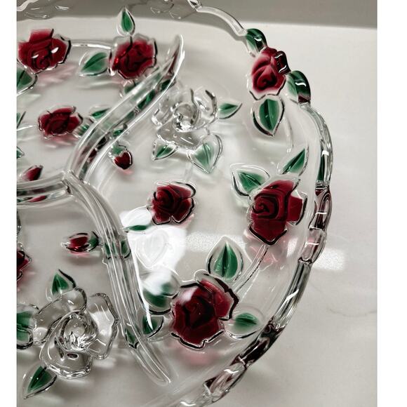 Round Mikasa Rose Garden Crystal 3-Part Divided Relish Dish 13.25” Discontinued - Picture 3 of 7